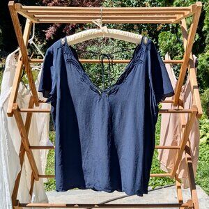 Sézane short-sleeved silk tie-back blouse with lace neckline, navy